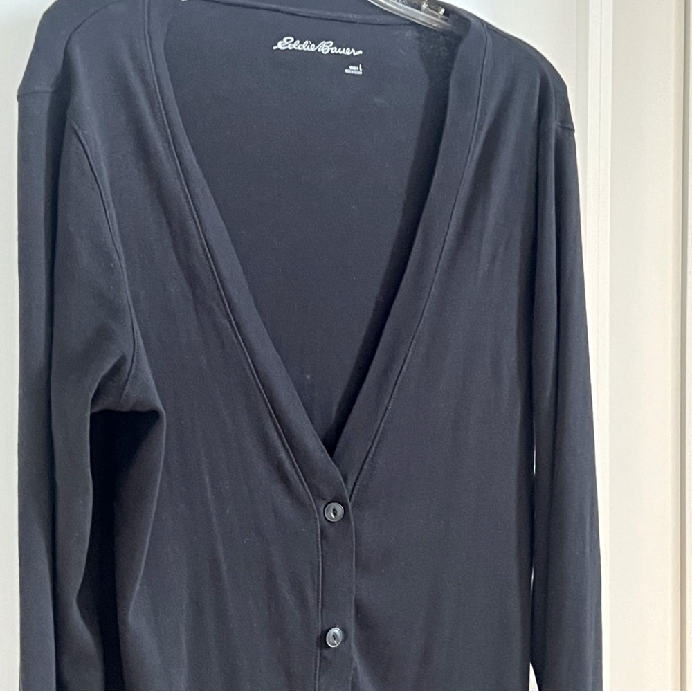 Eddie Bauer Black Cotton V Neck Cardigan Size L Lightweight Travel